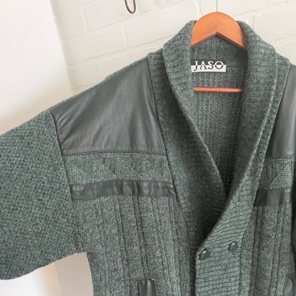 Vintage Men’s Knit Cardigan Shawl Double breast Wool Green Grandpa Oversized M - Picture 3 of 15